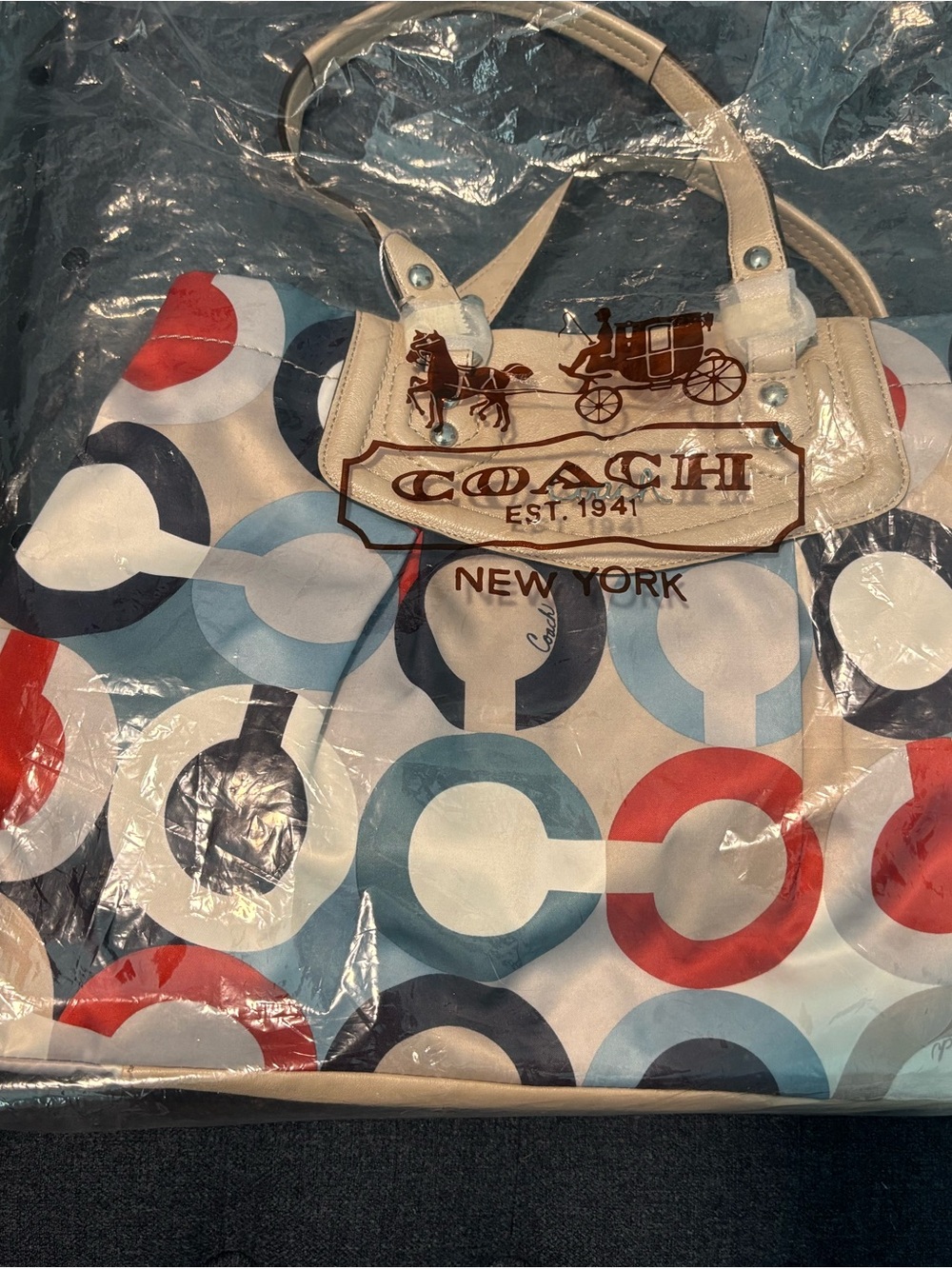 Coach Multicolor Circle Print Tote - Cream, Red, Navy & Light Blue
